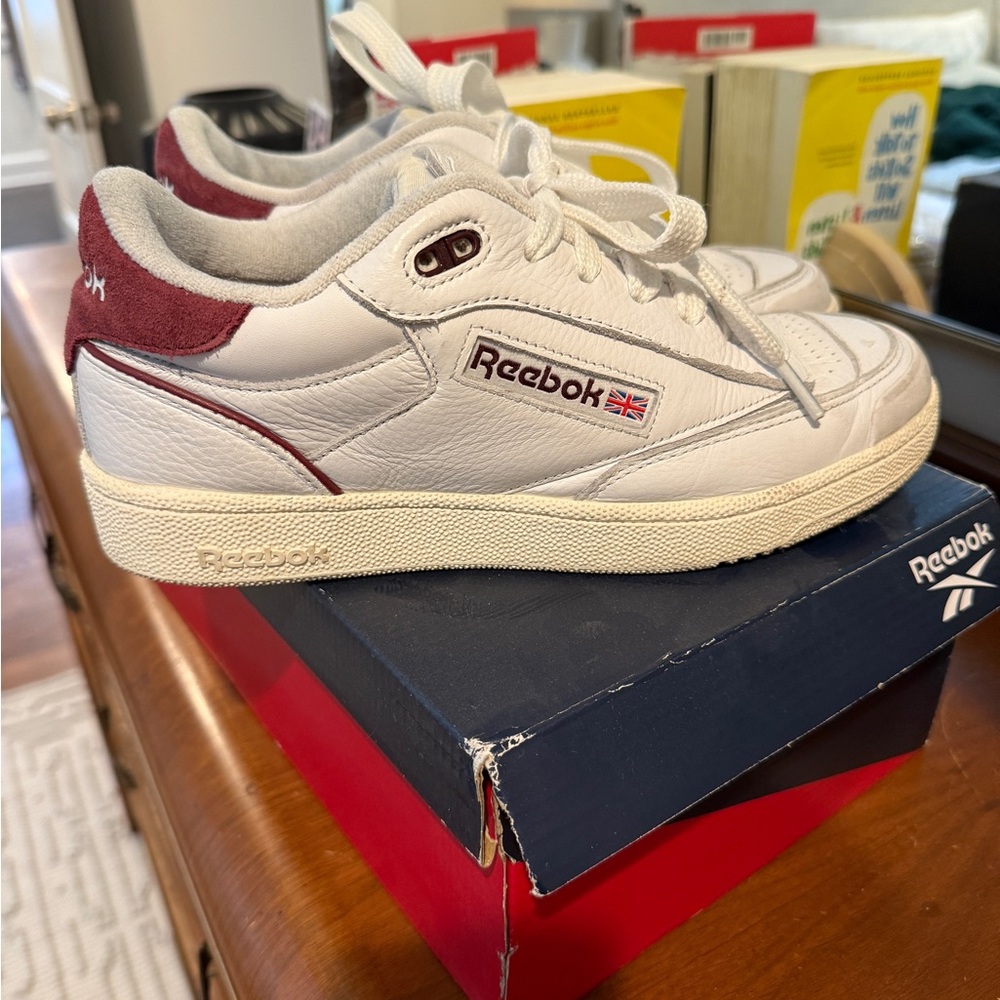 Reebok Club C Bulc White and Burgundy Sneakers
